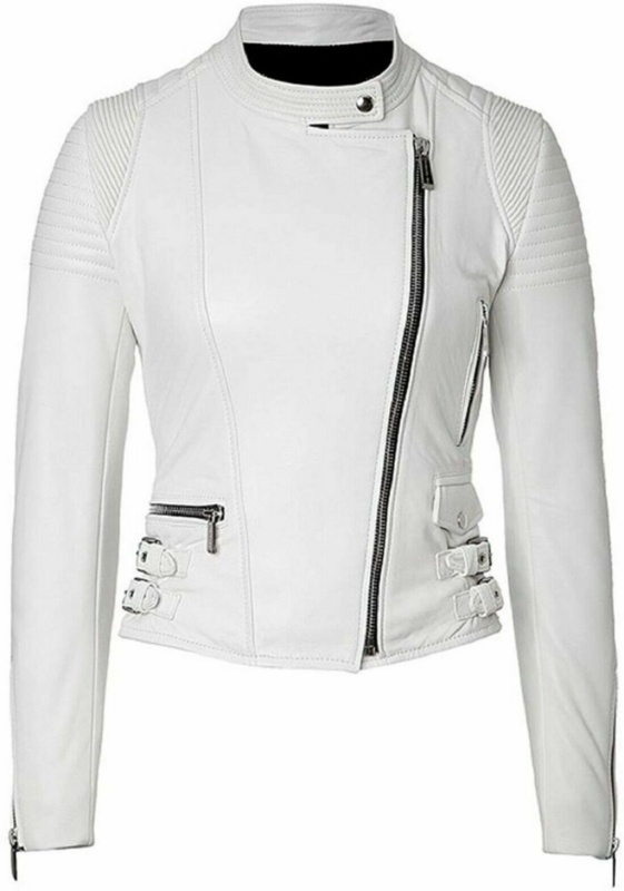 Chaqueta de cuero para mujer, traje de piel de cordero auténtica para motociclista, color blanco
