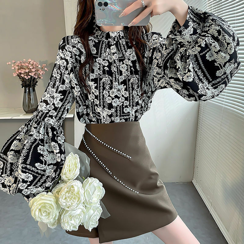 2024 New Summer Elegant Fashion Sweet Loose Casual Women's Clothing Chinese Style Floral Polyester Turtleneck Long Sleeve Tops