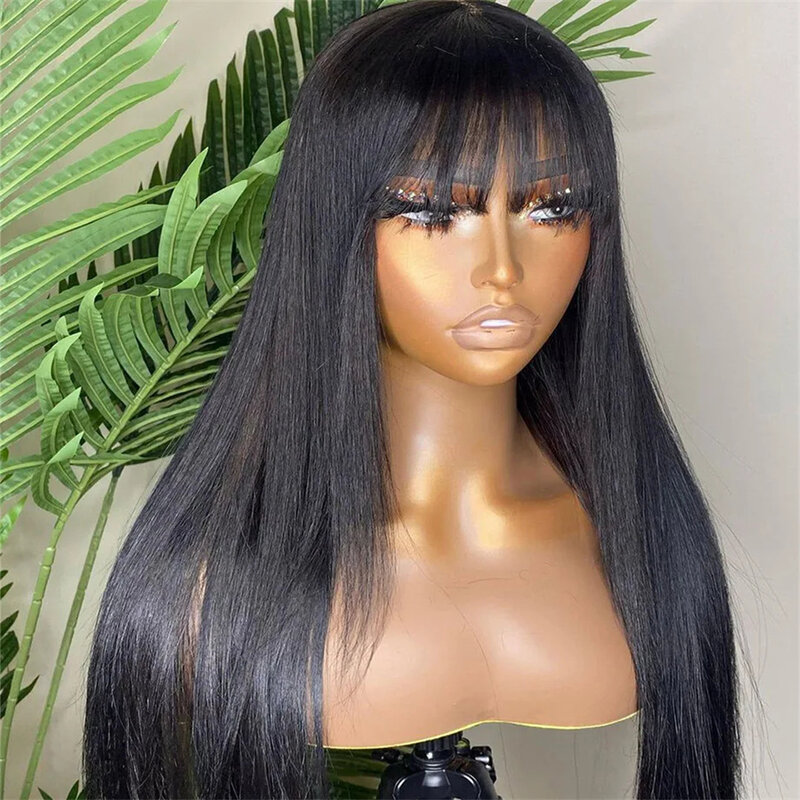 3x1 Brazilian Straight Human Hair Straight Wig With Bangs  Wig With Bangs Fringe Full Machine Made Wig Wear And Go Glueless Wig