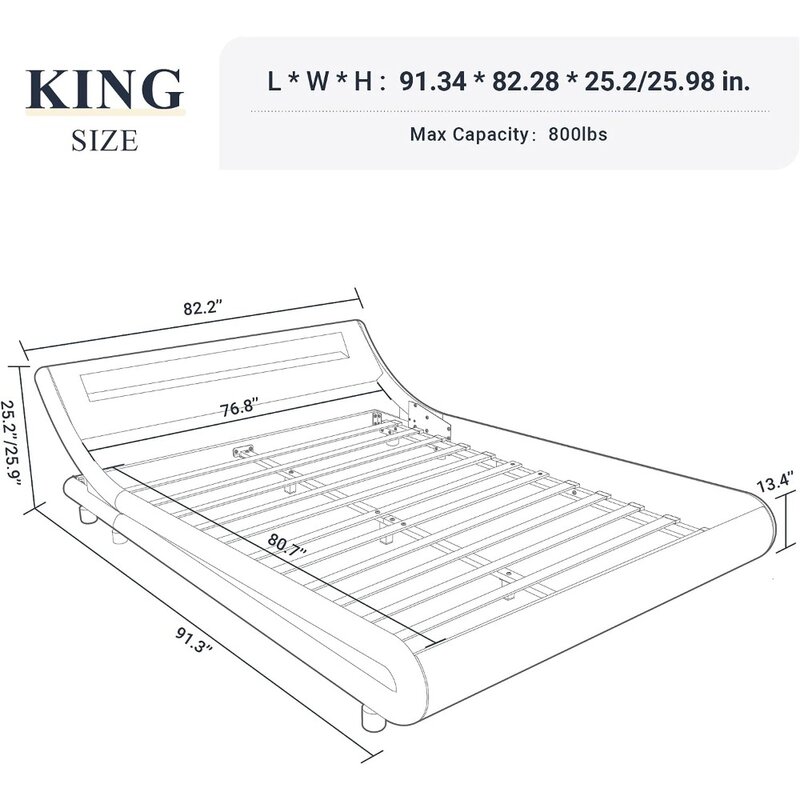 LED Full Bed Frame com cabeceira ajustável, camas de couro falso Frames, sem Box Spring Need