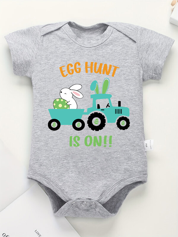 “Egg Hunt is on” Kawaii Newborn Clothes Easter Bunny Fashion Cute Baby Boy and Girl Onesie Cartoon Casual Home Cotton Bodysuit