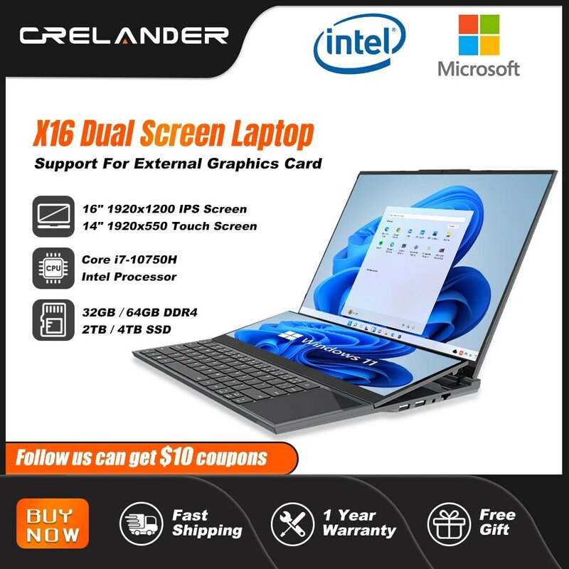 CRELANDER podwójny ekran Laptop 16.1 Cal + 14.1 Cal ekran dotykowy rdzeń i7 10750H procesor do gier Laptop komputer przenośny