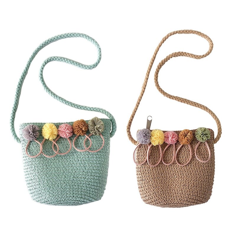 2 buah tas bahu perempuan tas selempang anyaman rotan jerami untuk bayi perempuan Terbaik (hijau & Khaki)2