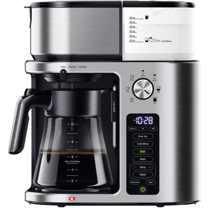 Máquina de café para 10 tazas, 7 tamaños de fermentación, café caliente y frío y agua caliente para té, cafetera