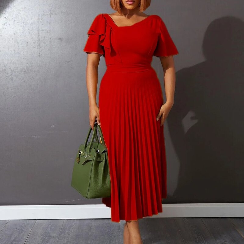 Robe africaine rouge pour femmes, élégante, manches courtes, col en v, plissée, soirée, longue, maxi, dashiki, vêtements africains