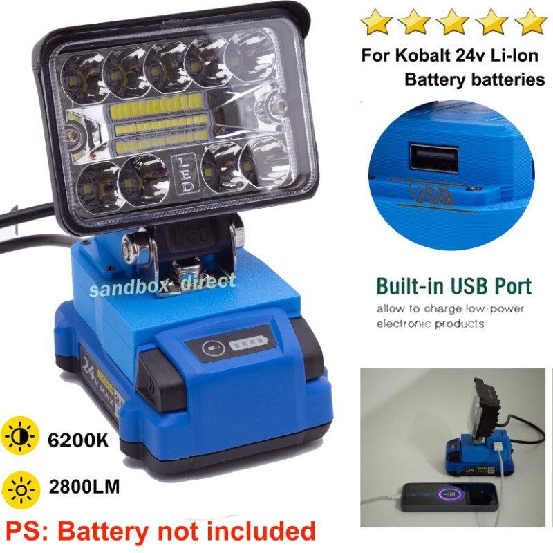 Lampe de travail LED sans fil pour Kobalt, batterie Eddie ion, alimentation réelle, sans batterie, USB, 24V, 18V, 12W, extérieur