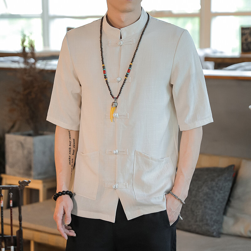 Camisa de Hanfu estilo tradicional retrô chinês masculino, tops de linho sólido de alta qualidade, camisa de fivela masculina com mostrador de manga média, tops masculinos