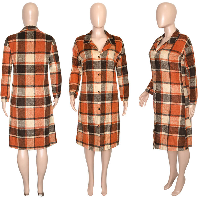 Kobiety długi, w kratkę kurtki z długim rękawem moda koszula Plus Size jesień zima wiatroszczelna dorywczo wełniany Streetwear