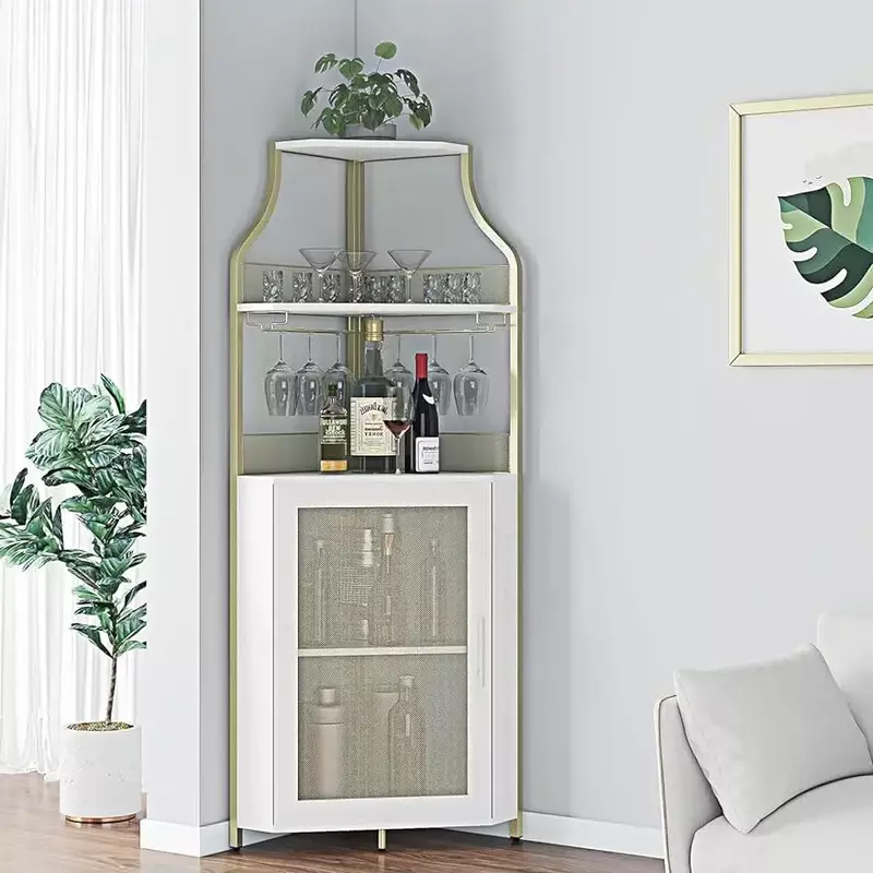 Canto Wine Bar Cabinet com gaveta, aparador pequeno, porta de malha buffet para licor e copos, ouro