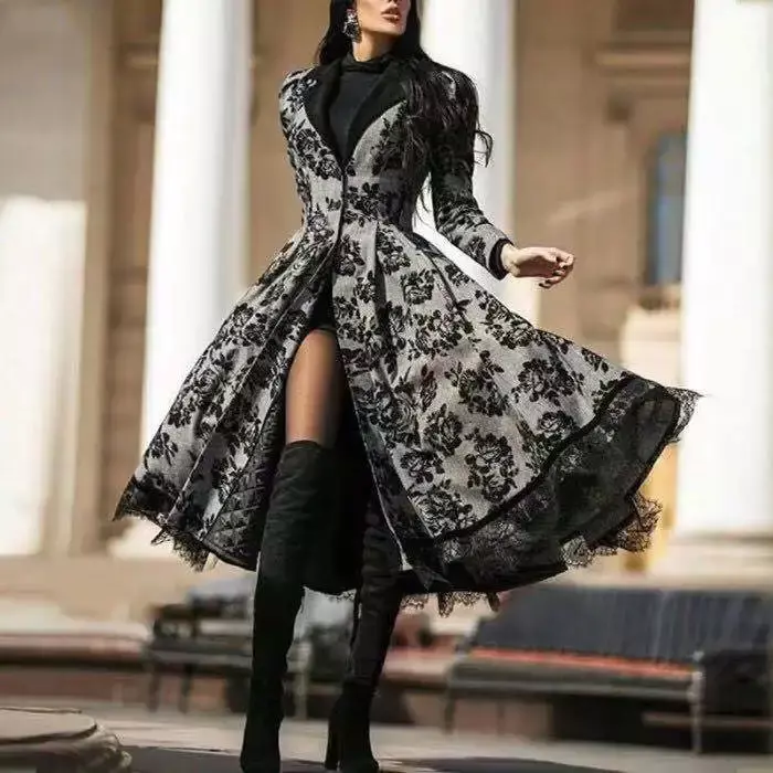 Vestido ajustado y elegante para mujer, Chaqueta larga con costuras de encaje, para otoño e invierno, 2024