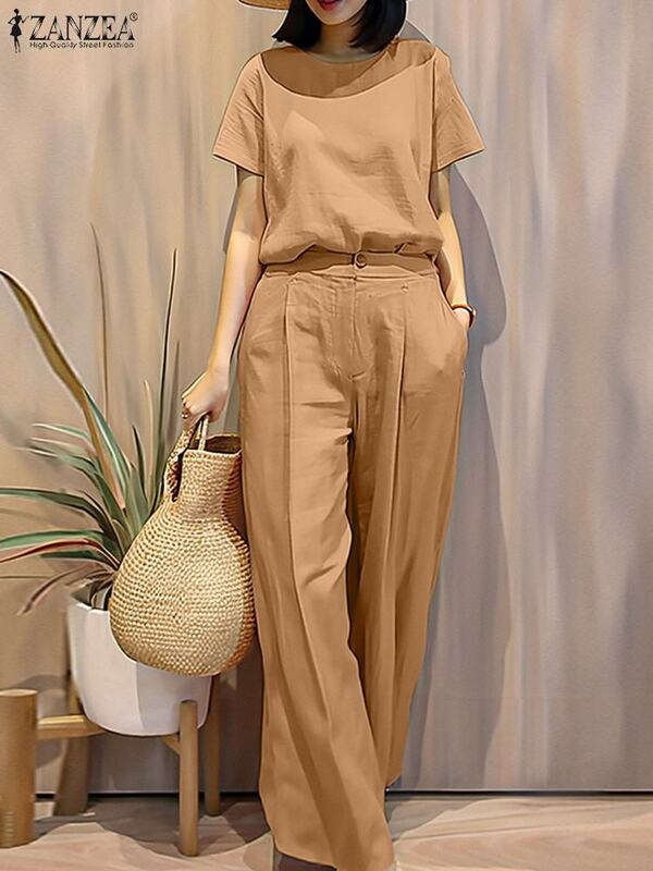 2024 ZANZEA Summer Women Pant Sets Vintage Suits Female Matching Sets Solid Short Sleeve Loose 2PCS Casual Oversized Blouses