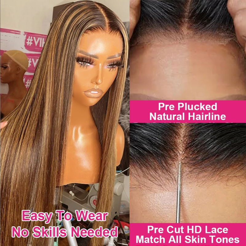 Highlight leimlose Perücke menschliches Haar bereit zu tragen und vor gezupft gerade 13x4 hd Spitze frontal gefärbte menschliches Haar Perücken zum Verkauf