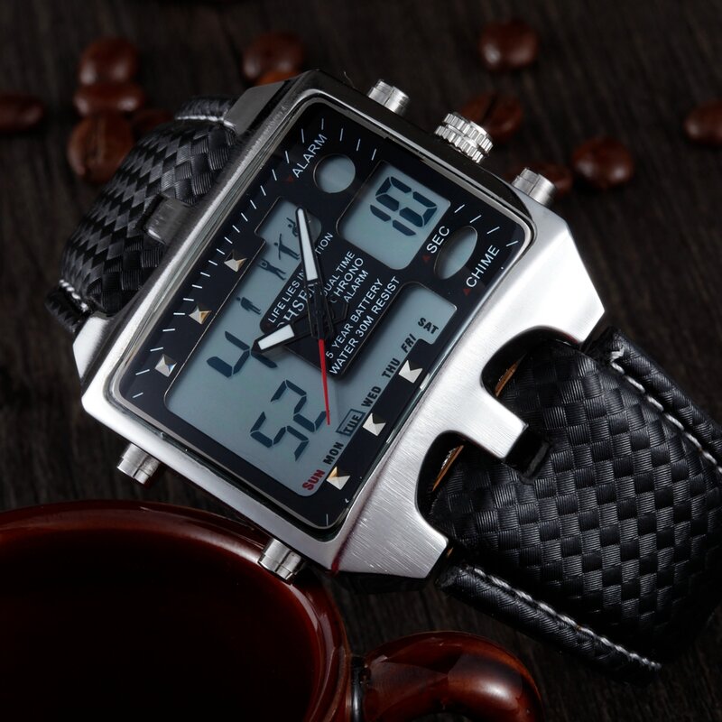 OHSEN Black Men Watches Sport Quartz Watch Dual Time Waterproof Man Military Digital Wristwatches Clock Relogio Masculino Newest