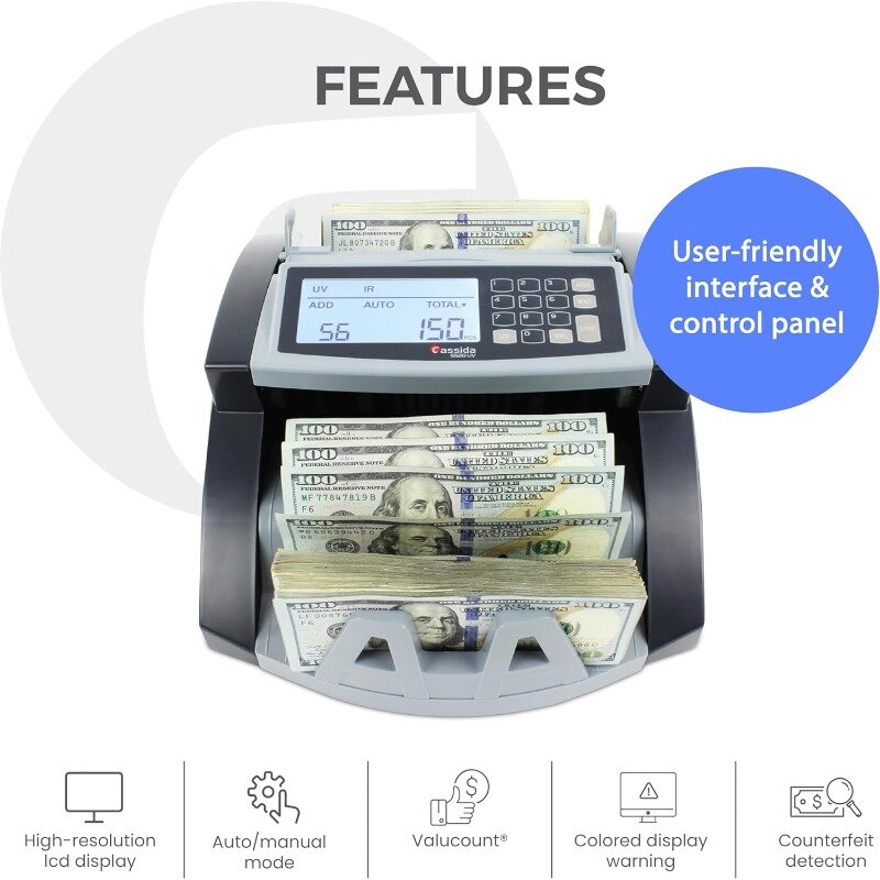 Penghitung uang AS dengan valucunt, deteksi pemalsuan UV/IR, mode tambahan dan Batch-layar LCD besar & kecepatan hitung cepat