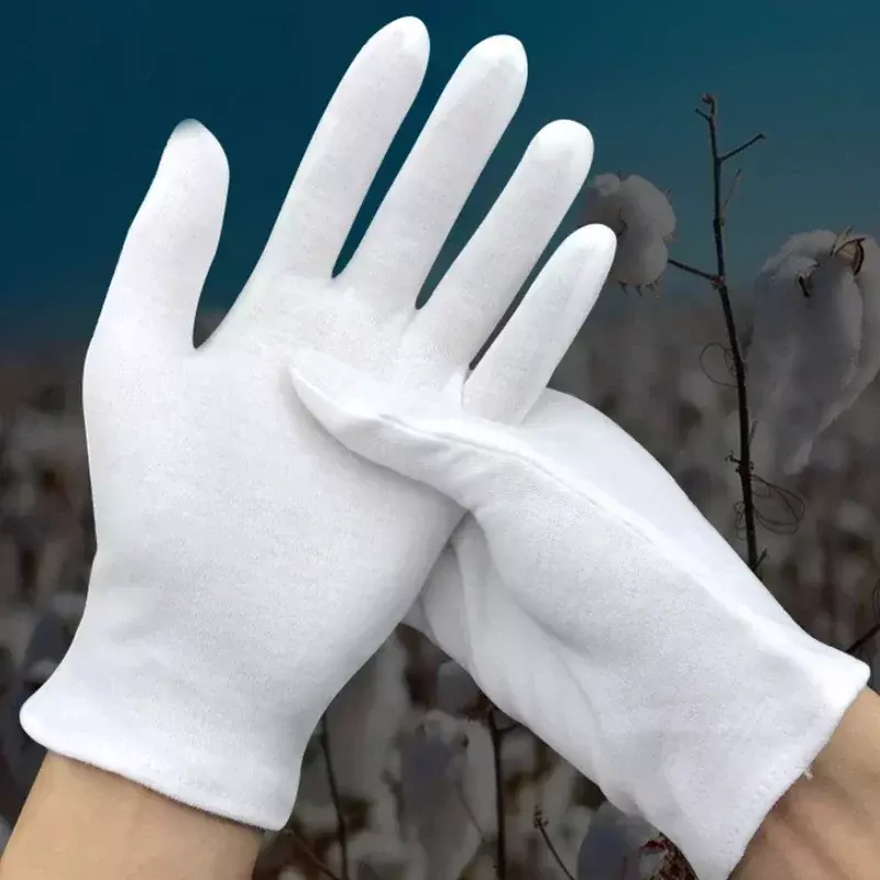 Guantes de trabajo blancos de algodón para manos secas, herramienta de limpieza del hogar, película de SPA, ceremonia, alto estiramiento, 1-50 pares