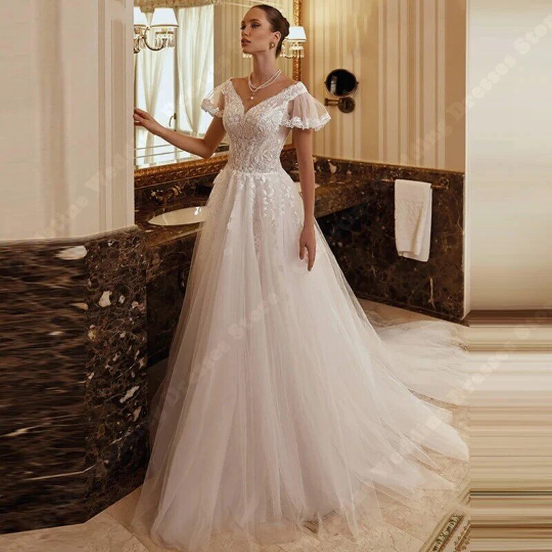 여성용 반팔 웨딩 드레스, A 라인 비치 신부 웨딩 가운, 2024 깊은 V-넥 걸레질 길이, 보헤미안