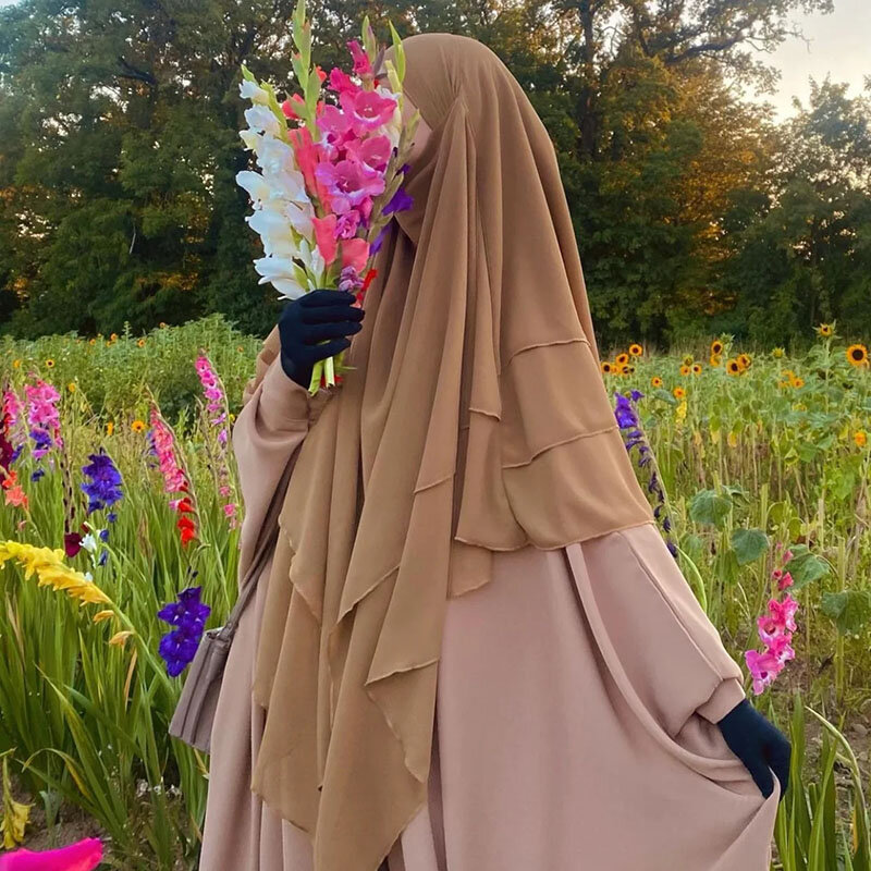 Drie Lagen Chiffon Khimar Met Niqab Snaren Hoge Kwaliteit Eid Ramadan Moslim Vrouwen Islamitische Kleding Groothandel Gebed Lange Hijab