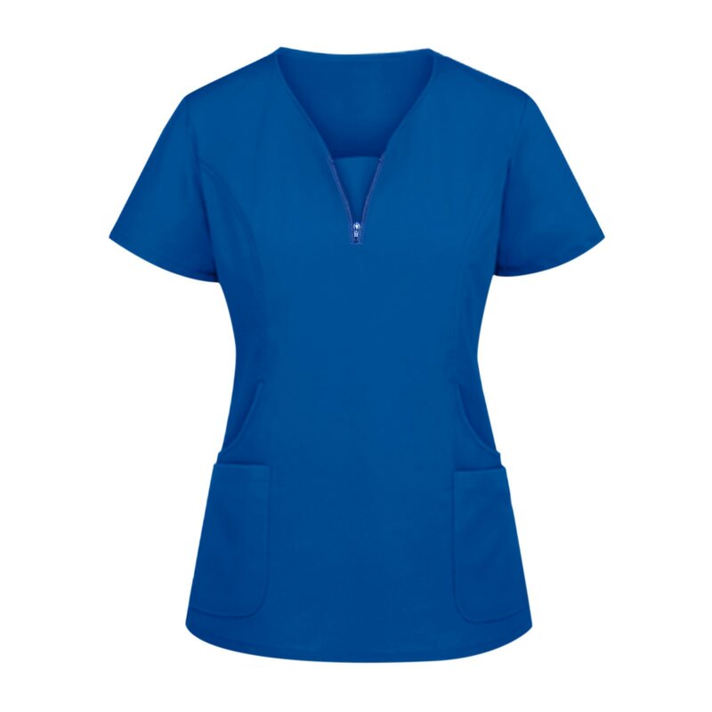 Atasan seragam kerja leher V wanita, kemeja seragam Salon perawatan Spa elastis berongga lengan pendek