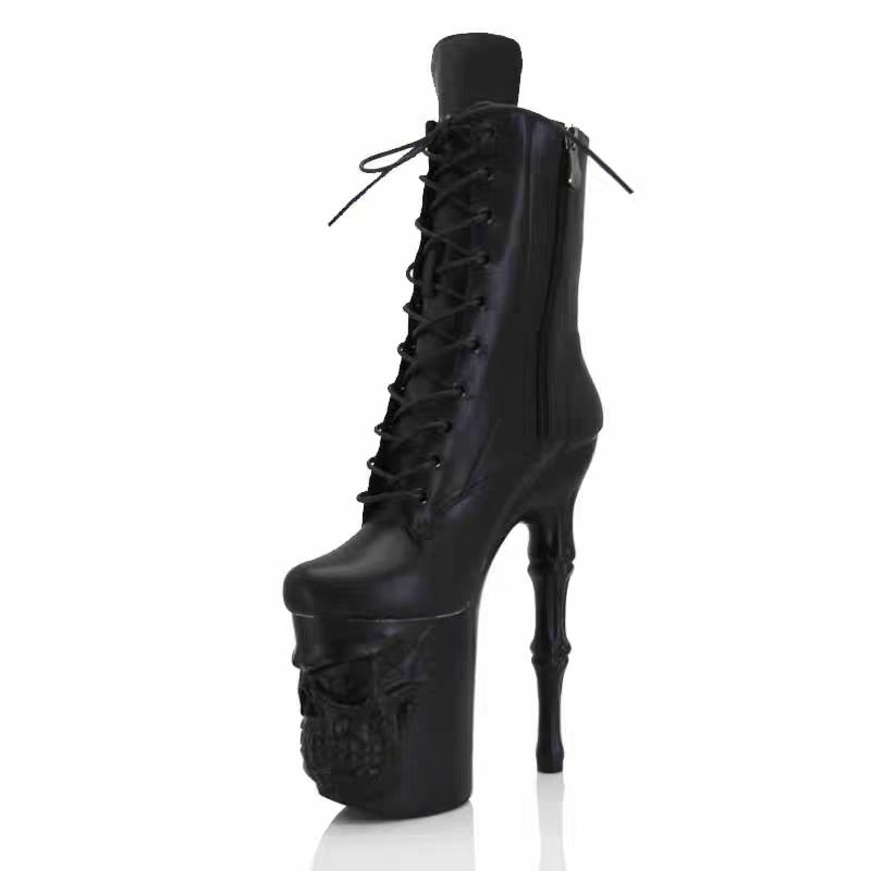 IDEAL MA new 20cm super high heel pole dance shoes skeleton soles black matte ankle boots stage runway boots
