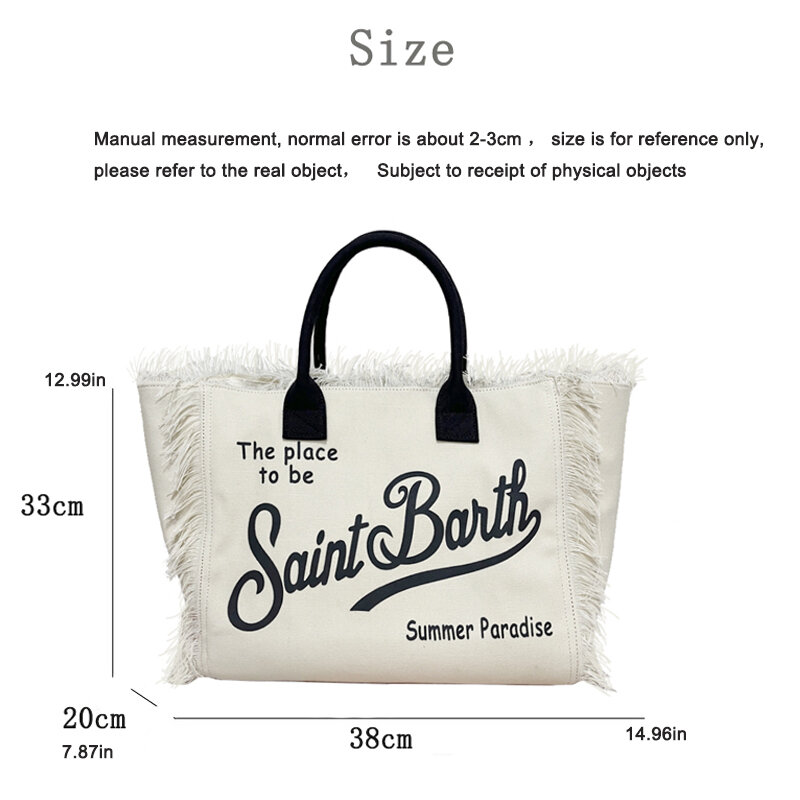 Saint Barth 브랜드 여성 핸드백 블랙 프린트 레터 태슬 디자인 하이 퀄리티, 대용량 화이트 캔버스 토트 쇼퍼