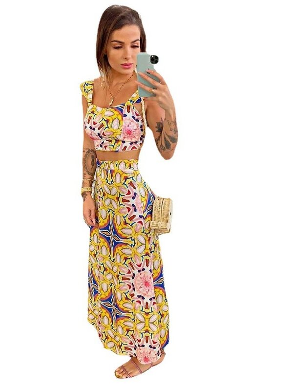 Bohemian Style Print Skirt Two Piece Set For Women Sexy Crop Camisole Casual Beach Holiday A-line Skirts 2 Piece Sets Female New