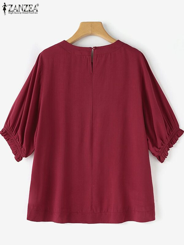 Женская элегантная летняя блузка ZANZEA, Повседневная модная однотонная Рабочая Рубашка с круглым вырезом, однотонные мешковатые топы, женская рубашка
