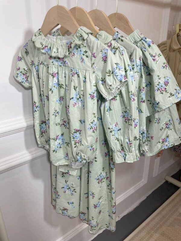 女の子と男の子のための花柄のプリントドレス,綿ニットのポロシャツ,休暇の衣装,ギャラクティングガーデン,緑の花,2024