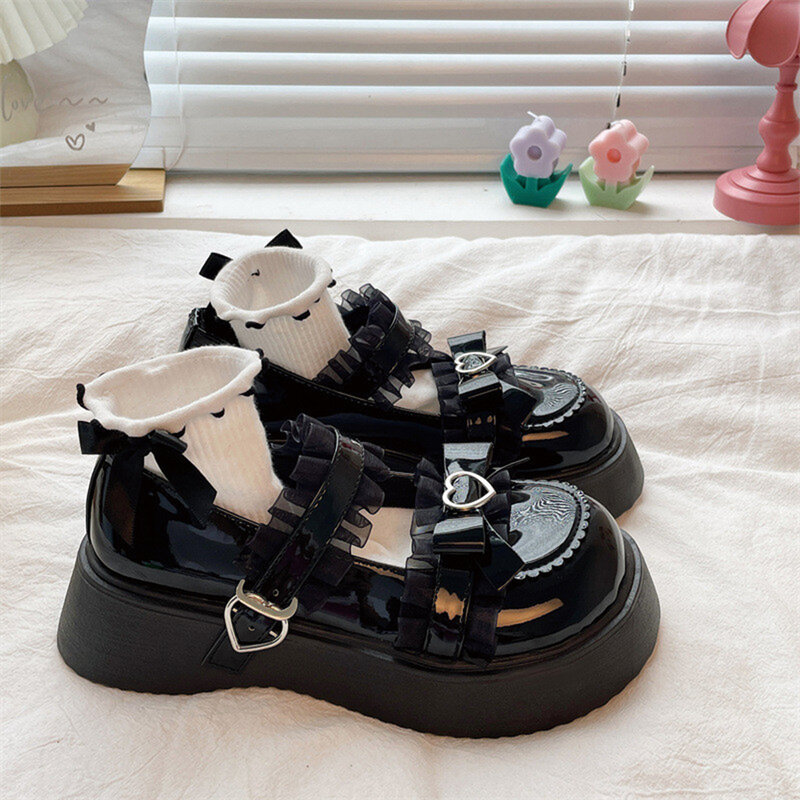 Sapatos Antovo-Lolita Mary Jane para mulheres, mocassins de látex, retrô, britânico, sapatos pequenos de couro, laço