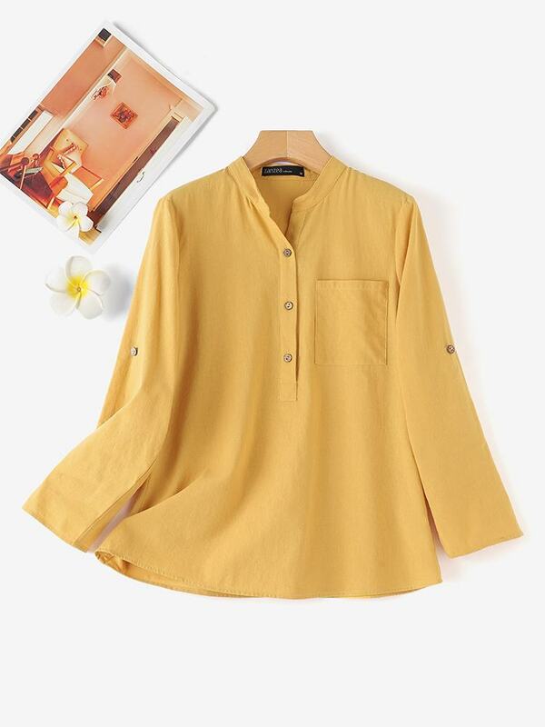 Модная хлопковая блузка ZANZEA, Женская Весенняя Однотонная рубашка с длинным рукавом, винтажные повседневные рабочие топы на пуговицах, туника, свободные блузы, рубашка