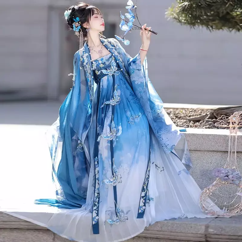 Letnie Hanfu damskie niebieskie kostiumy w stylu chińskim w stylu retro Tang show dla dorosłych kostiumy
