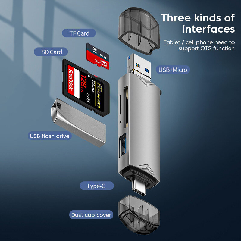 قارئ بطاقات مايكرو SD من أولاف OTG ، مهايئ USB otg من النوع C ، محرك فلاش TF ، USB 3.0 ، 6 في 1