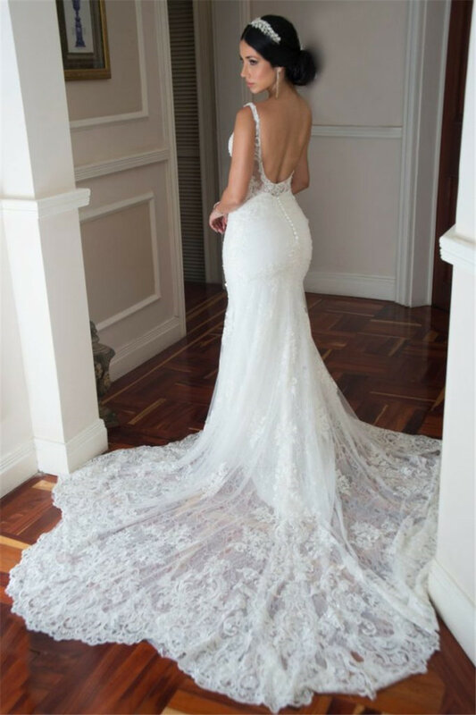 Elegante laço cinta de espaguete sereia vestidos de casamento requintado vestido de noiva sem costas apliques robe de mariee