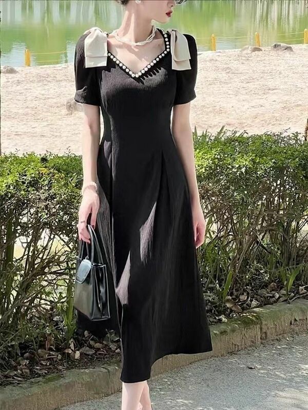 Vestido preto elegante estilo chinês feminino, vintage, OL, senhoras, manga curta, pérola, gola V, nova moda, vestidos de verão