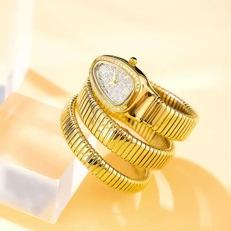 Iced Out Diamond Snake Bracelet Fashion Women's Watch Gold Steel Wrapped Strap Quartz Watches for Women Casual Lady Wristwatch