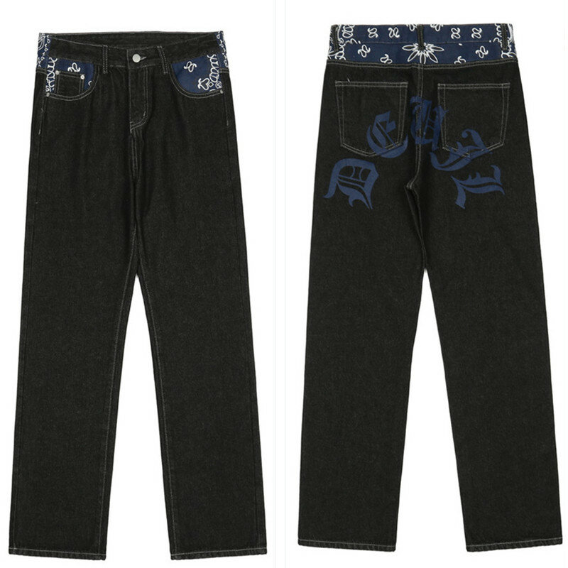 Мужские прямые джинсы y2k, с принтом в стиле ретро, на санскрите, свободные, в стиле хип-хоп