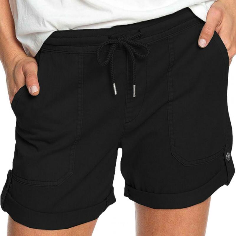 Calça curta casual mid rise feminina, monocromática, bolsos com cordão, esportes de verão, shorts de praia