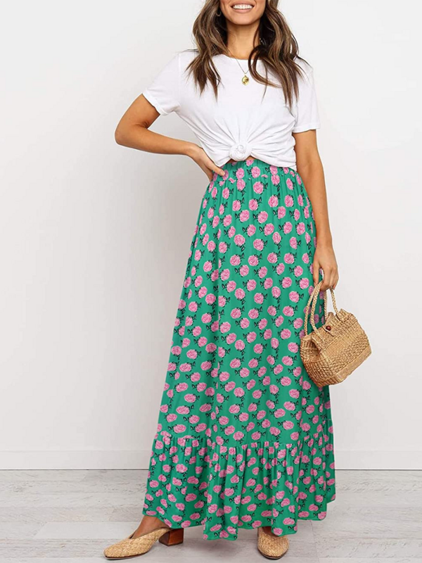 Womens Bohemian Floral Maxi Skirts Elastic High Waist A-Line Skirt Ruffle Hem Beach Long Skirts