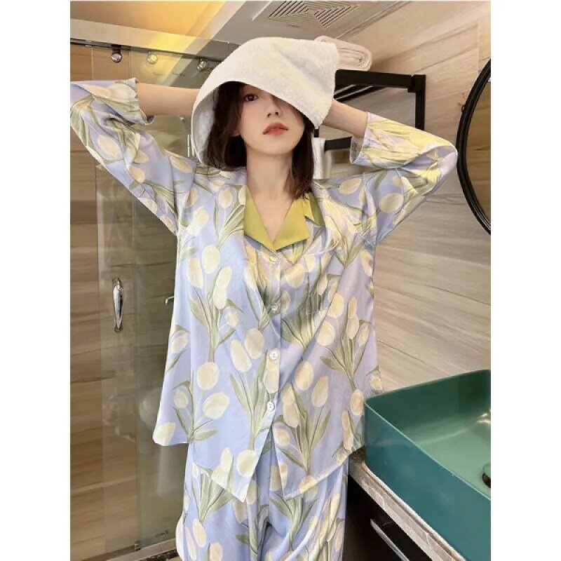 Pijamas de 2 peças femininas conjuntos de pijamas de impressão floral falso cetim de seda lapela pijama feminino sleepwear calças de camisa de manga comprida homewear