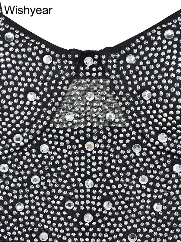 Wishyear jumpsuit celana pendek berlian imitasi tembus pandang jaring seksi dengan sarung tangan baju monyet klub malam kristal bahu terbuka untuk wanita
