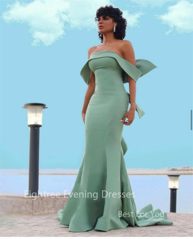 Eightree Elegant Green Mermaid Evening Dresses Long Off Shoulder Formal Event Gowns Satin Big Bow Sexy Prom Party Dress Backless