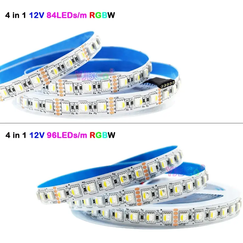 Fita LED Strip flexível, luzes de alto brilho, 4 cores em 1, SMD 5050, RGBW, RGBWW, 60, 84, 96LEDs por m, DC 12V, 24V, IP30, 65, IP67