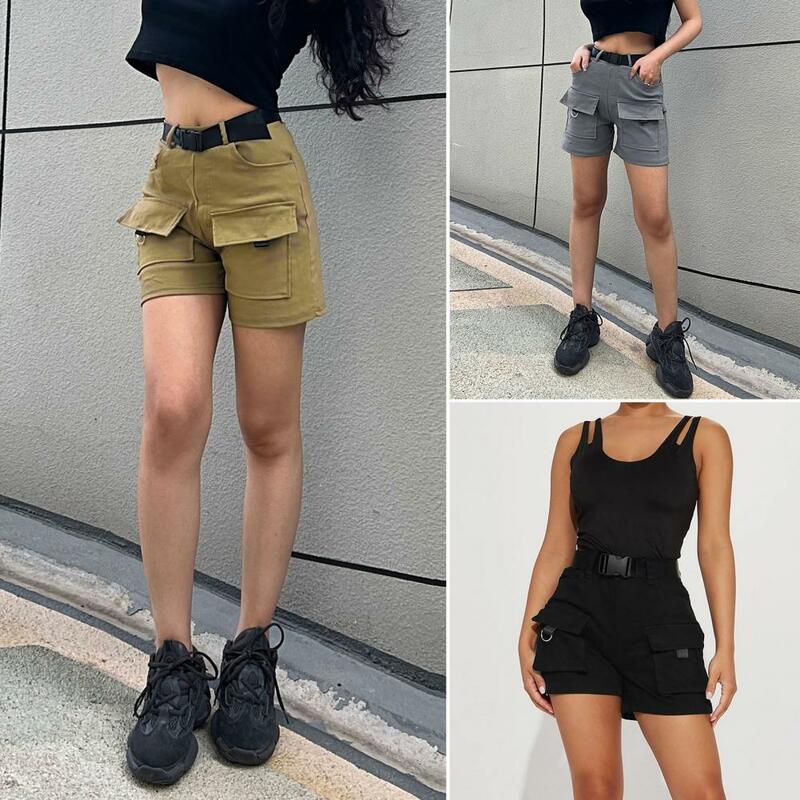 Daily Wear Shorts High Waist Women's Cargo Shorts with Belt Slim Fit Pure Color Style Multi Pocket Design for Daily Wear