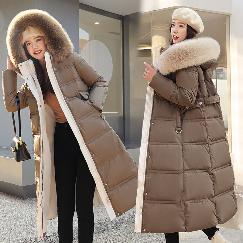 女性用フード付きロングコットンジャケット,韓国のルーズフィットジャケット,パッド入りオーバーコート,厚手の暖かい毛皮の襟,防風コート,冬