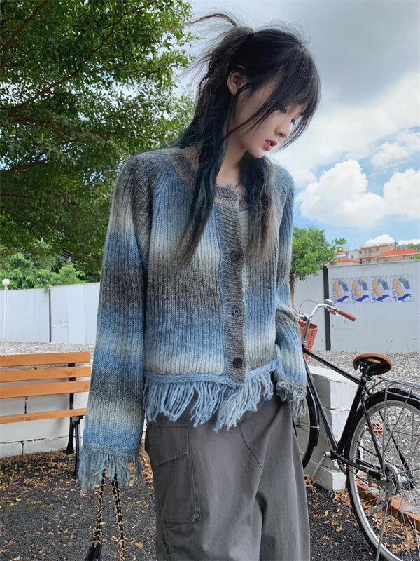Y2K nappa maglione Cardigan donna Harajuku Vintage Tie Dye lavorato a maglia Crop Jacket autunno coreano sciolto maglieria gotica Top Coat 2023