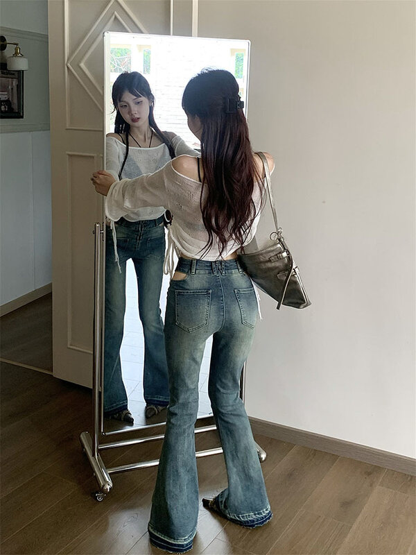 Hohe Taille hohl sexy schlanke Distressed Jeans Frauen Herbst neue High Street Mode alle passen gewaschene Hose mit weitem Bein