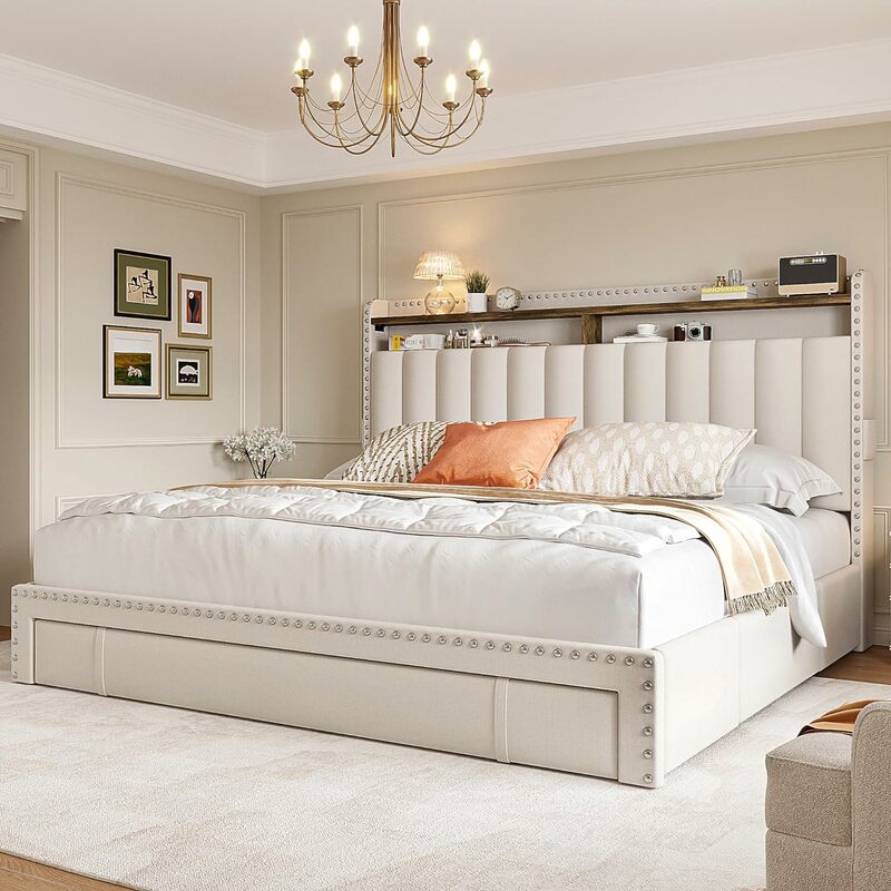 Quadro de cama com 3 gavetas, estofados queen, king e full size cama, cabeceira e armazenamento, no-noise, fácil montagem