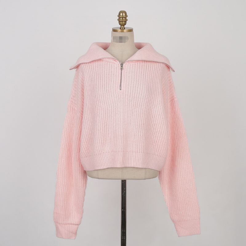 Suéter de punto de moda coreana para Mujer, Tops holgados con solapa grande y cremallera, Jersey corto, otoño e invierno, 23880