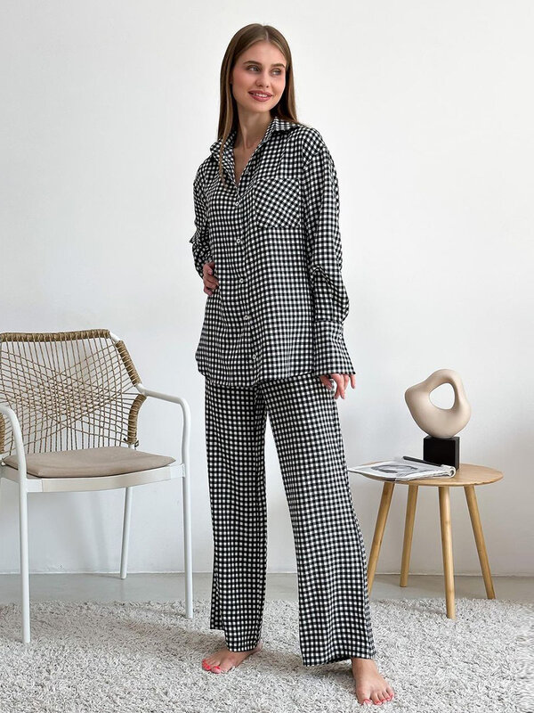 Marthaqiqi Fashion Geruite Dames Nachtkleding 2-delige Pak Met Omslag Kraag Nachthemden Lange Mouw Nachtkleding Broek Dames Pyjama Set