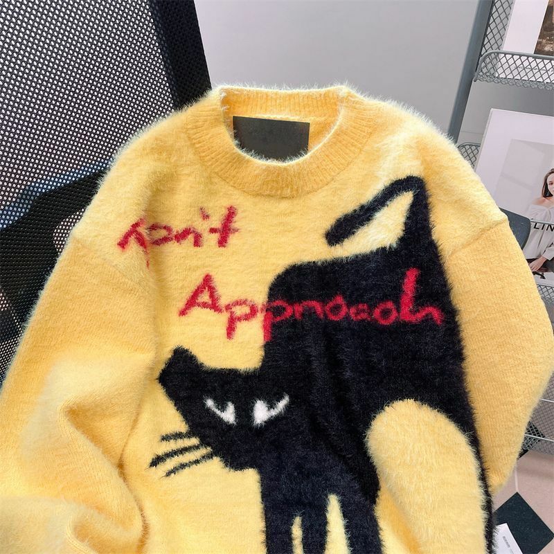 American retro atmosphere feeling mink down cat sweater men's autumn and winter oversize super beautiful soft glutinous knit top