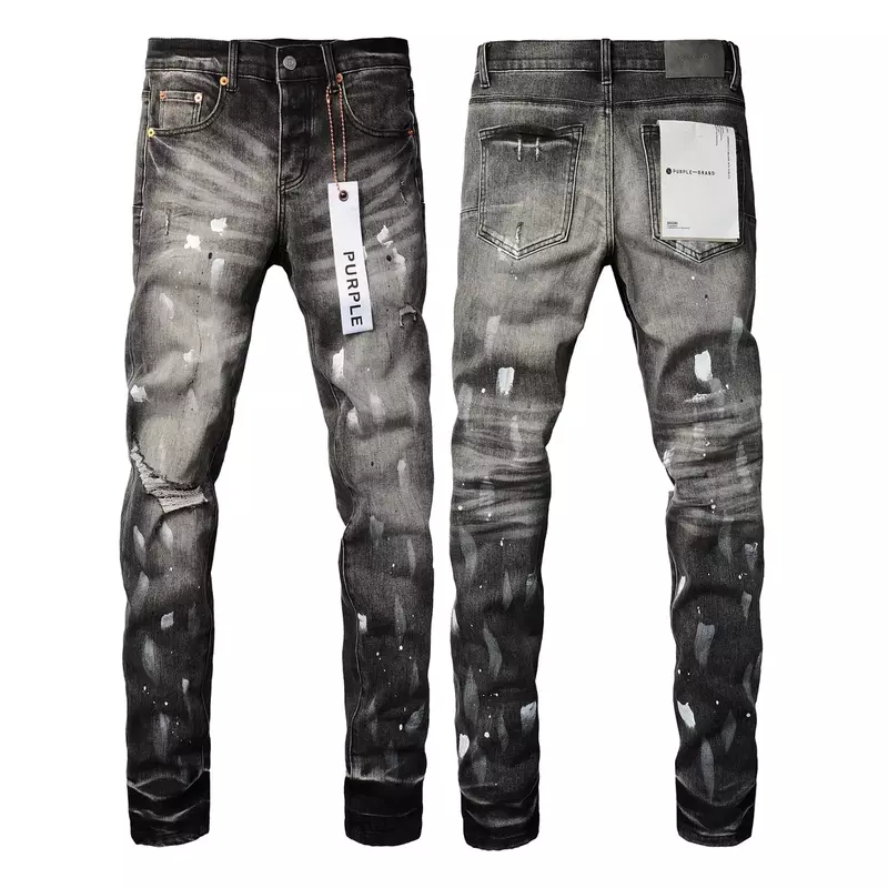 Jeans de rua alta para homens, jeans de marca, calças jeans novas e skinny, pintura rasgada, reparo, cintura baixa, roxo, 2024
